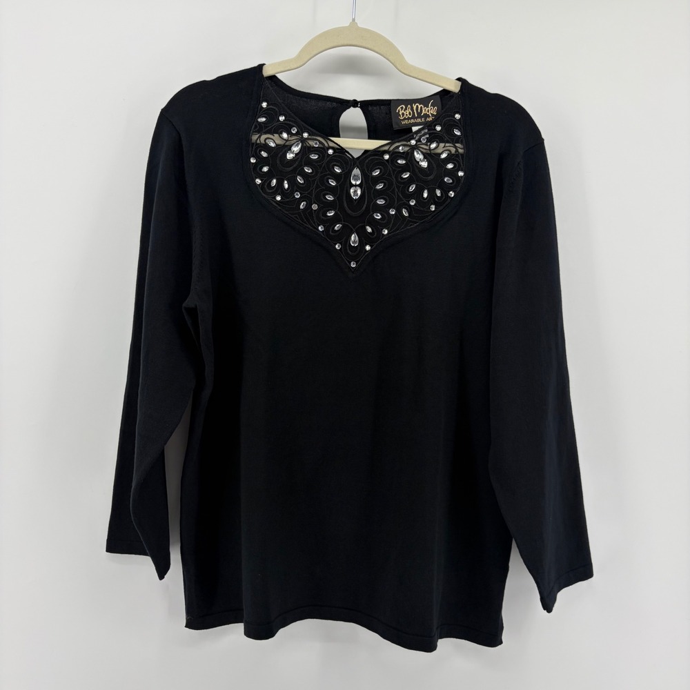 Bob Mackie Women Medium Black Sweater‎ Lace Rhinestone Embellished Keyhole Back